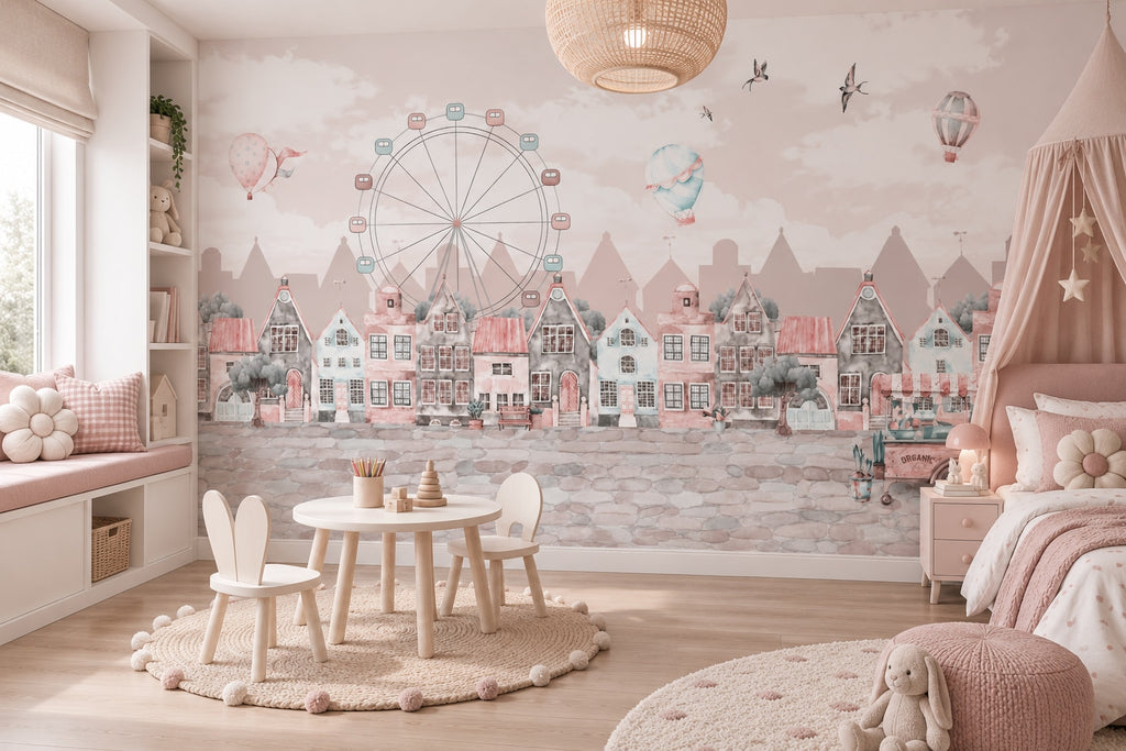 Pastel City, Ferris Wheel & Balloons wallpaper in a styled room, view 3