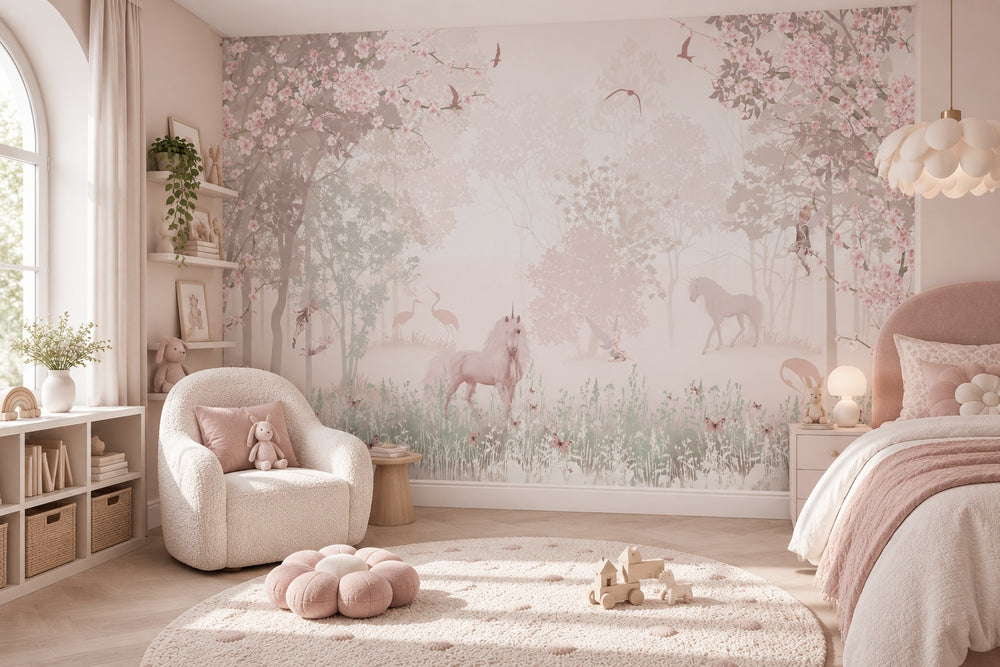Pink Blossom Forest & Deer wallpaper in a styled room, view 1