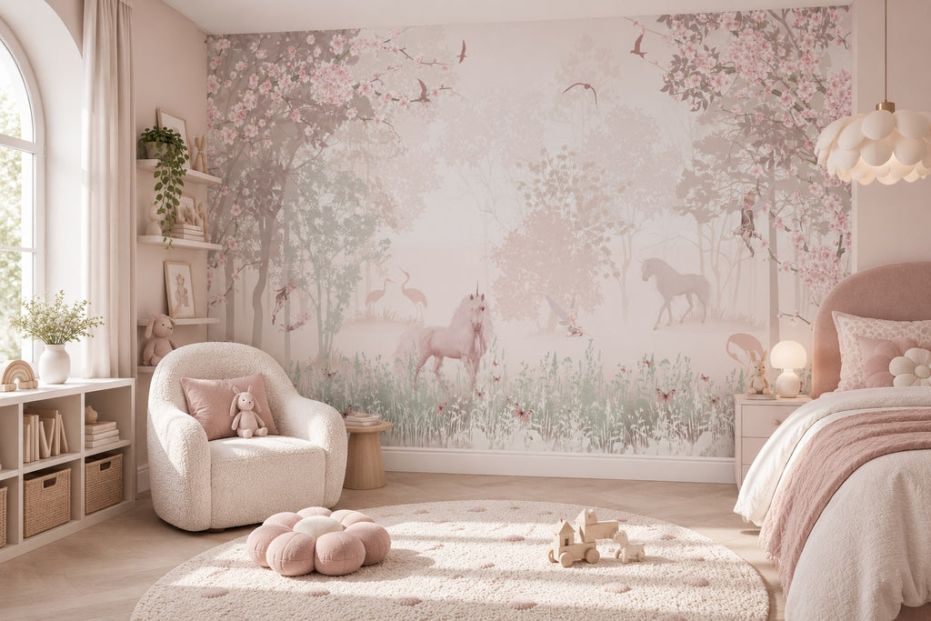 Pink Blossom Forest & Deer wallpaper in a styled room, view 1