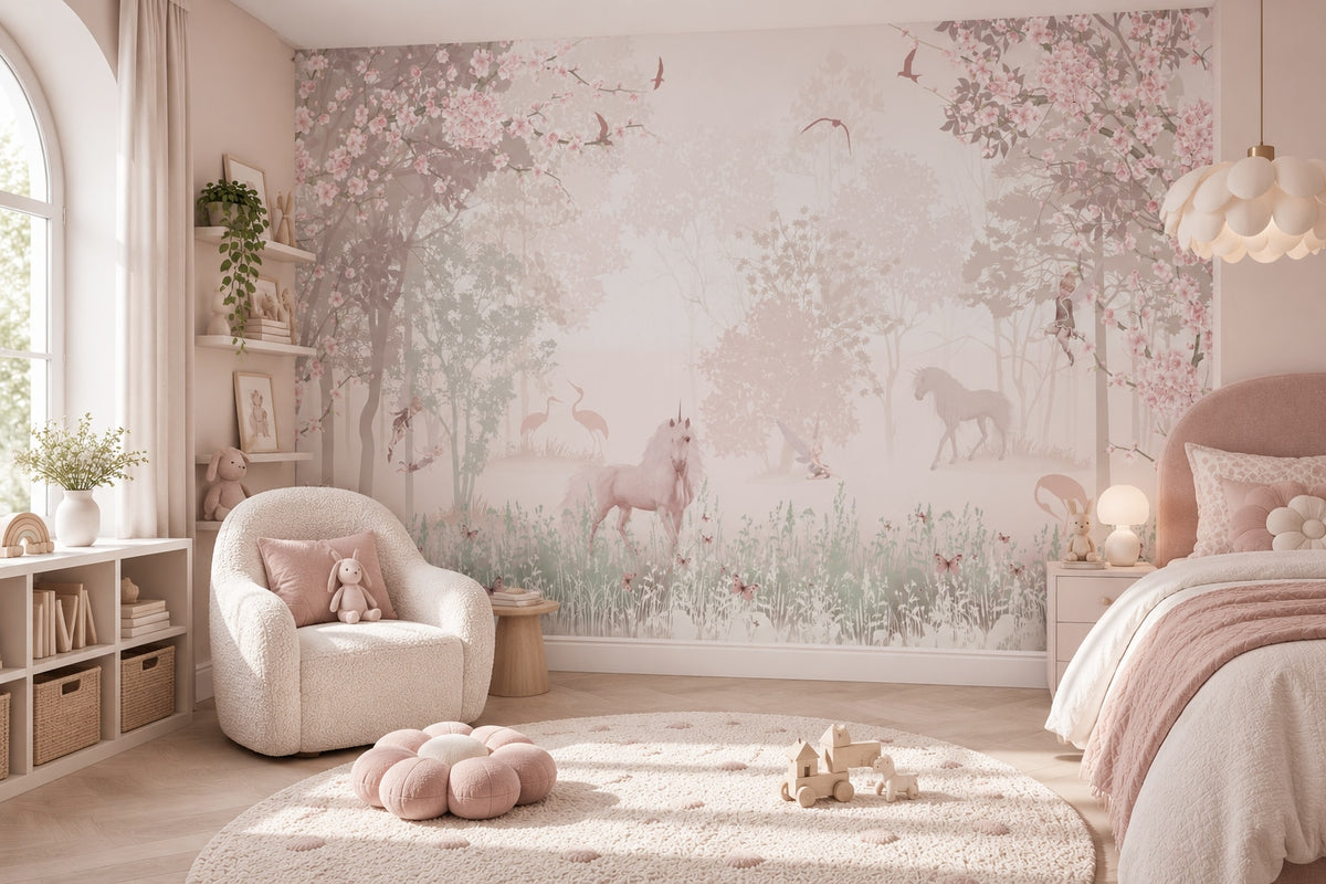 Pink Blossom Forest & Deer wallpaper in a styled room, view 1