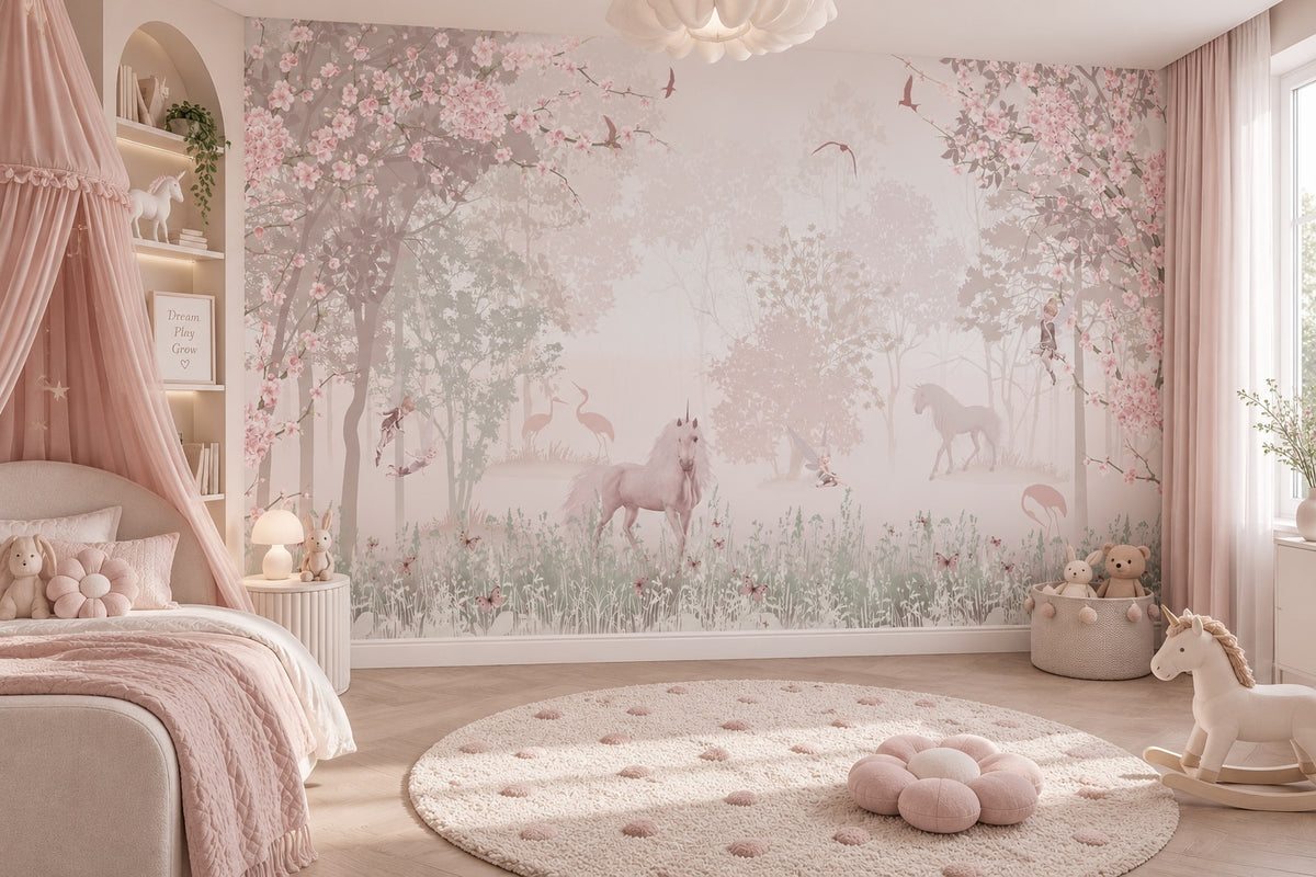 Pink Blossom Forest & Deer wallpaper in a styled room, view 2