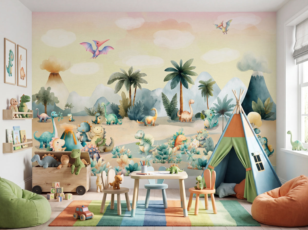 Pastel Dinosaurs & Palm Trees wallpaper in a styled room, view 2