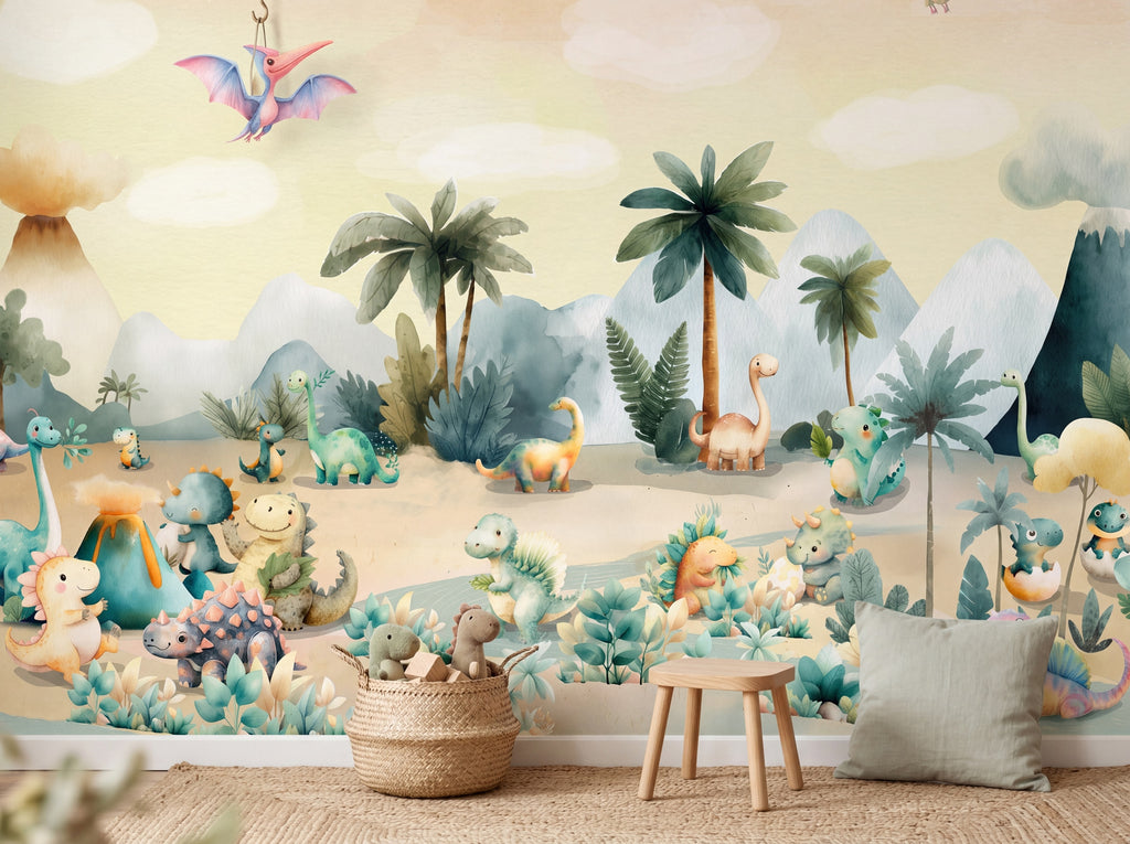 Pastel Dinosaurs & Palm Trees wallpaper in a styled room, view 3