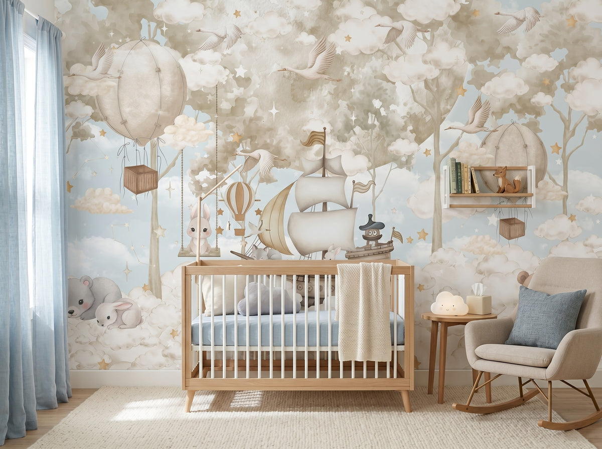 Beige Flying Ship & Balloon Animals wallpaper in a styled room, view 1