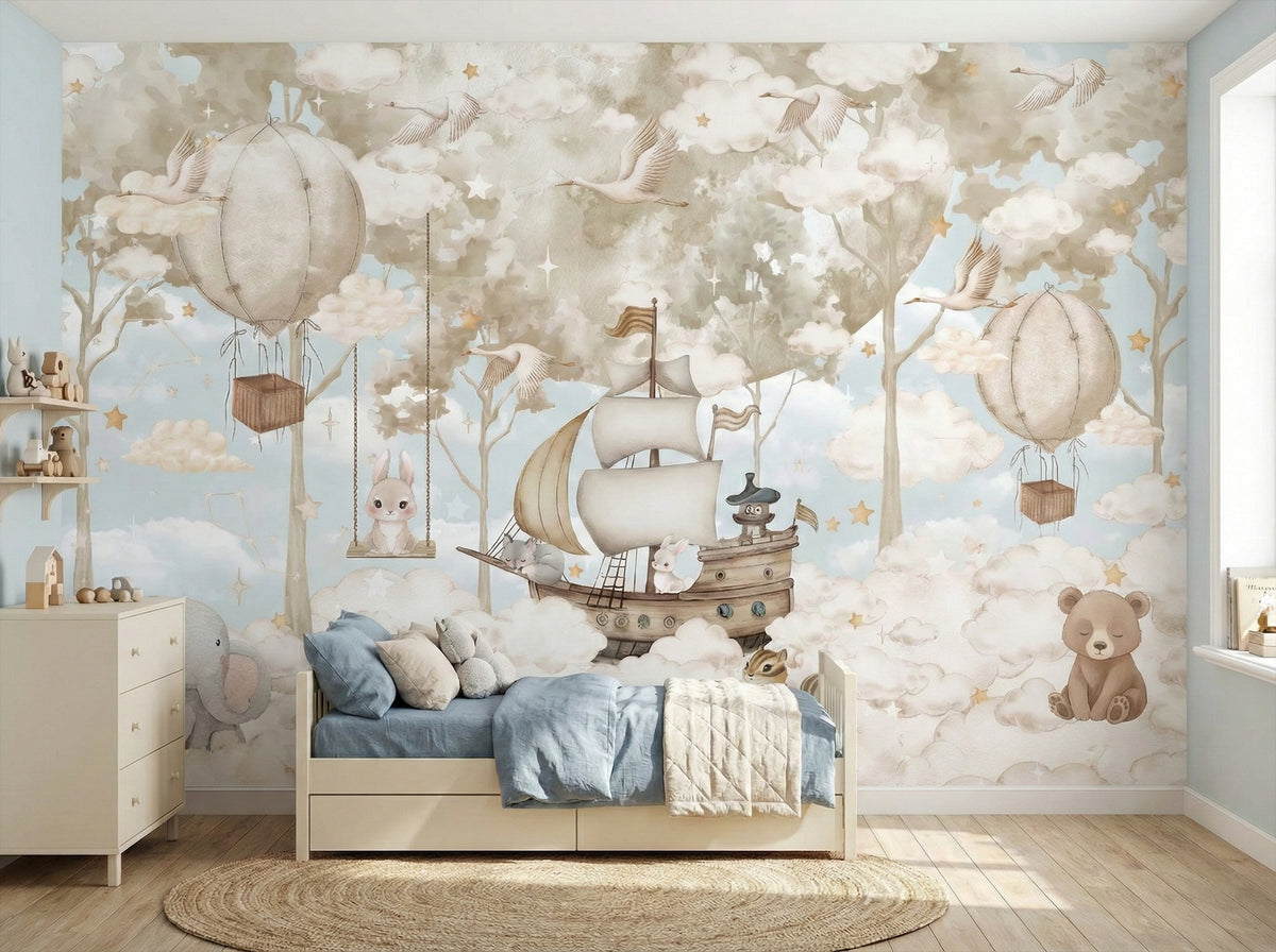 Beige Flying Ship & Balloon Animals wallpaper in a styled room, view 2