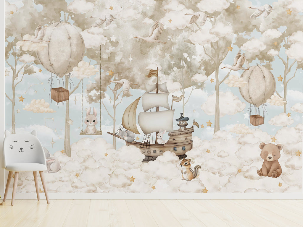 Beige Flying Ship & Balloon Animals wallpaper in a styled room, view 3