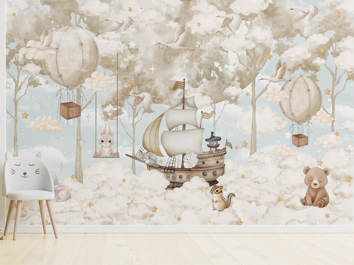 Beige Flying Ship & Balloon Animals wallpaper in a styled room, view 3