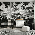 Monochrome Comic Racing Cars wallpaper in a styled room, view 1