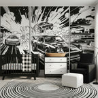 Monochrome Comic Racing Cars wallpaper in a styled room, view 1
