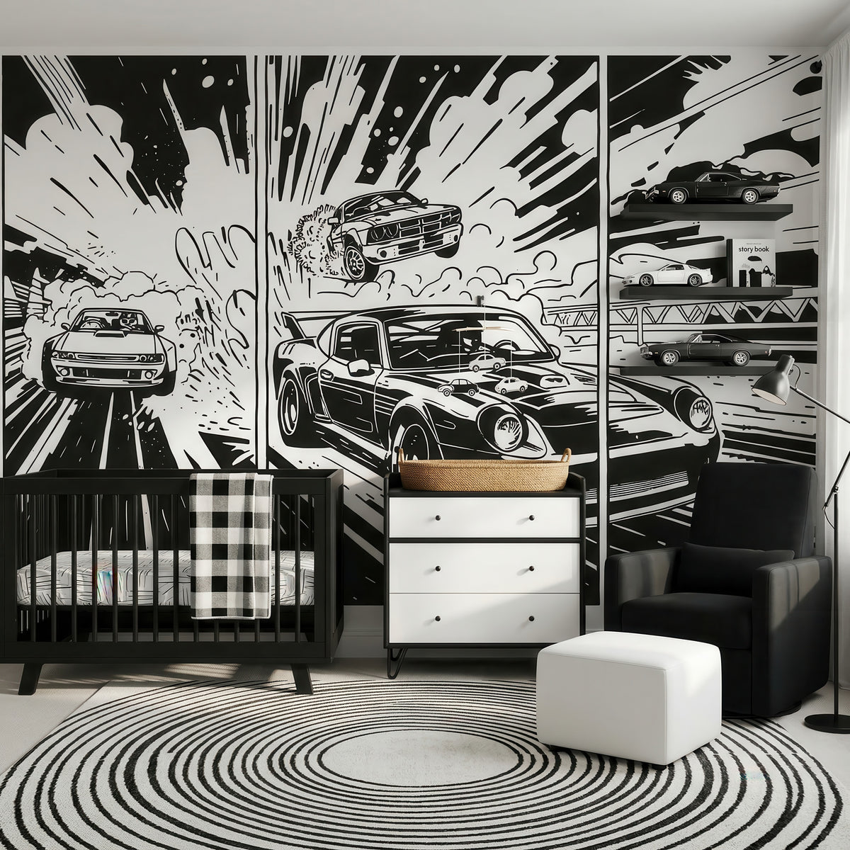 Monochrome Comic Racing Cars wallpaper in a styled room, view 1