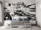 Monochrome Comic Racing Cars wallpaper in a styled room, view 2