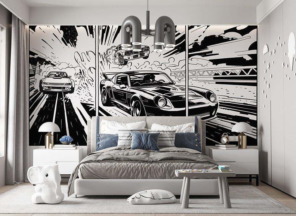 Monochrome Comic Racing Cars wallpaper in a styled room, view 2