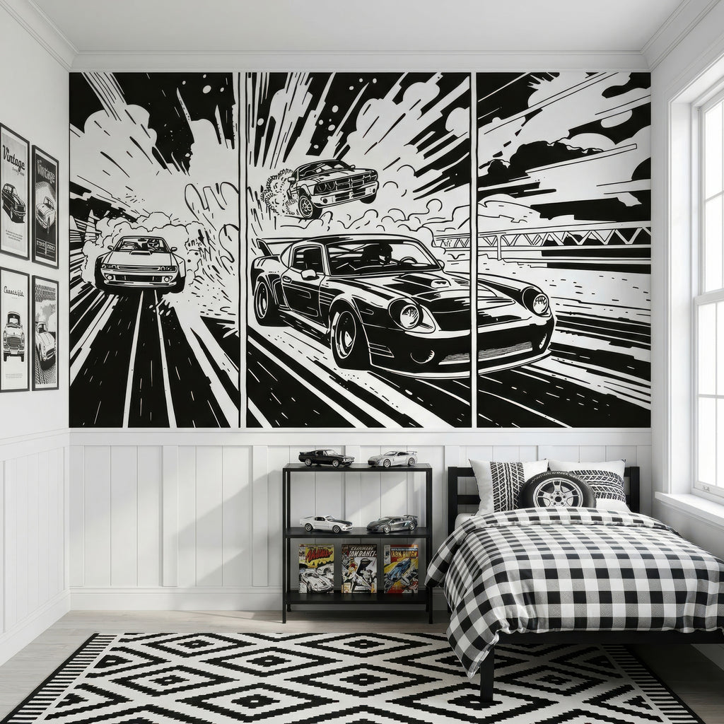 Monochrome Comic Racing Cars wallpaper in a styled room, view 3