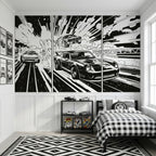 Monochrome Comic Racing Cars wallpaper in a styled room, view 3