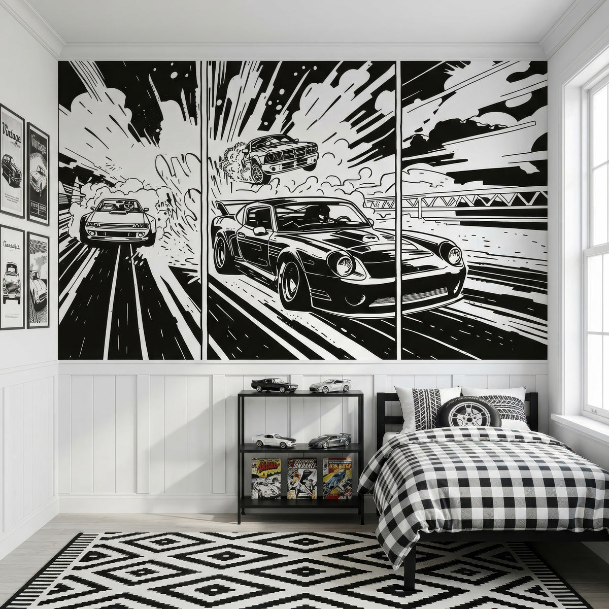 Monochrome Comic Racing Cars wallpaper in a styled room, view 3