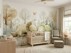 Sleeping Dinosaurs & Watercolor Forest wallpaper in a styled room, view 1