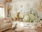 Sleeping Dinosaurs & Watercolor Forest wallpaper in a styled room, view 2