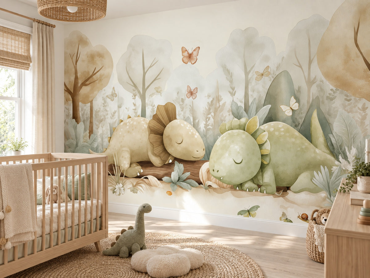 Sleeping Dinosaurs & Watercolor Forest wallpaper in a styled room, view 2
