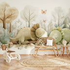 Sleeping Dinosaurs & Watercolor Forest wallpaper in a styled room, view 3