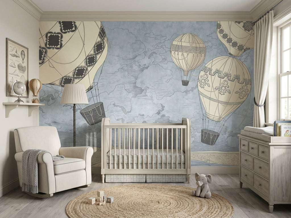 Vintage Map & Hot Air Balloons wallpaper in a styled room, view 1