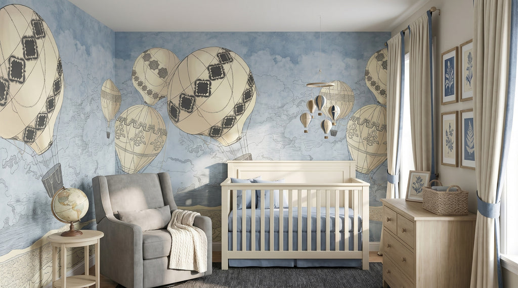 Vintage Map & Hot Air Balloons wallpaper in a styled room, view 2
