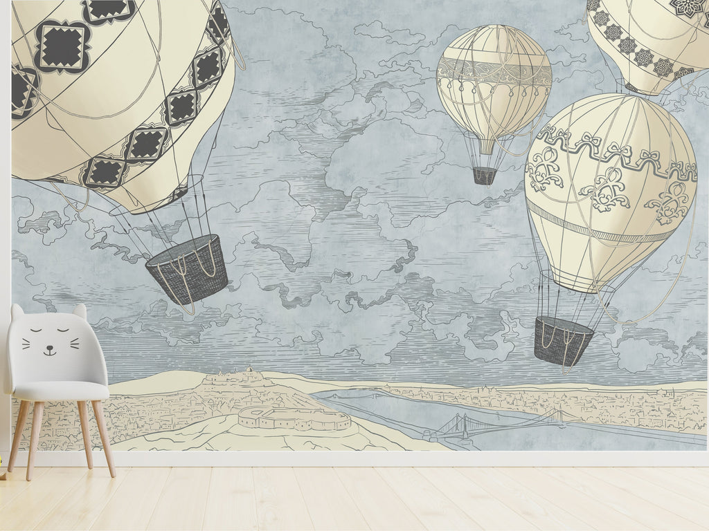 Vintage Map & Hot Air Balloons wallpaper in a styled room, view 3