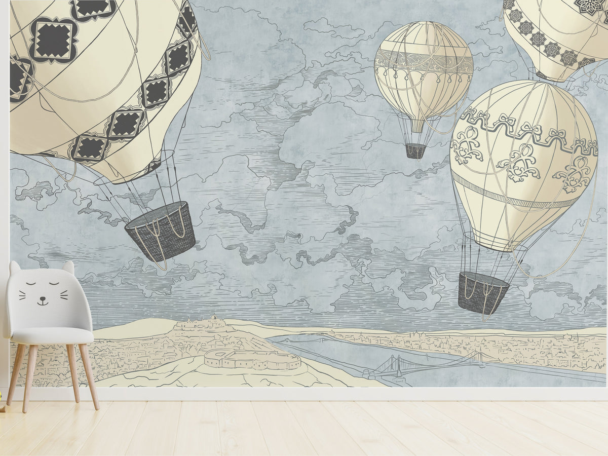 Vintage Map & Hot Air Balloons wallpaper in a styled room, view 3