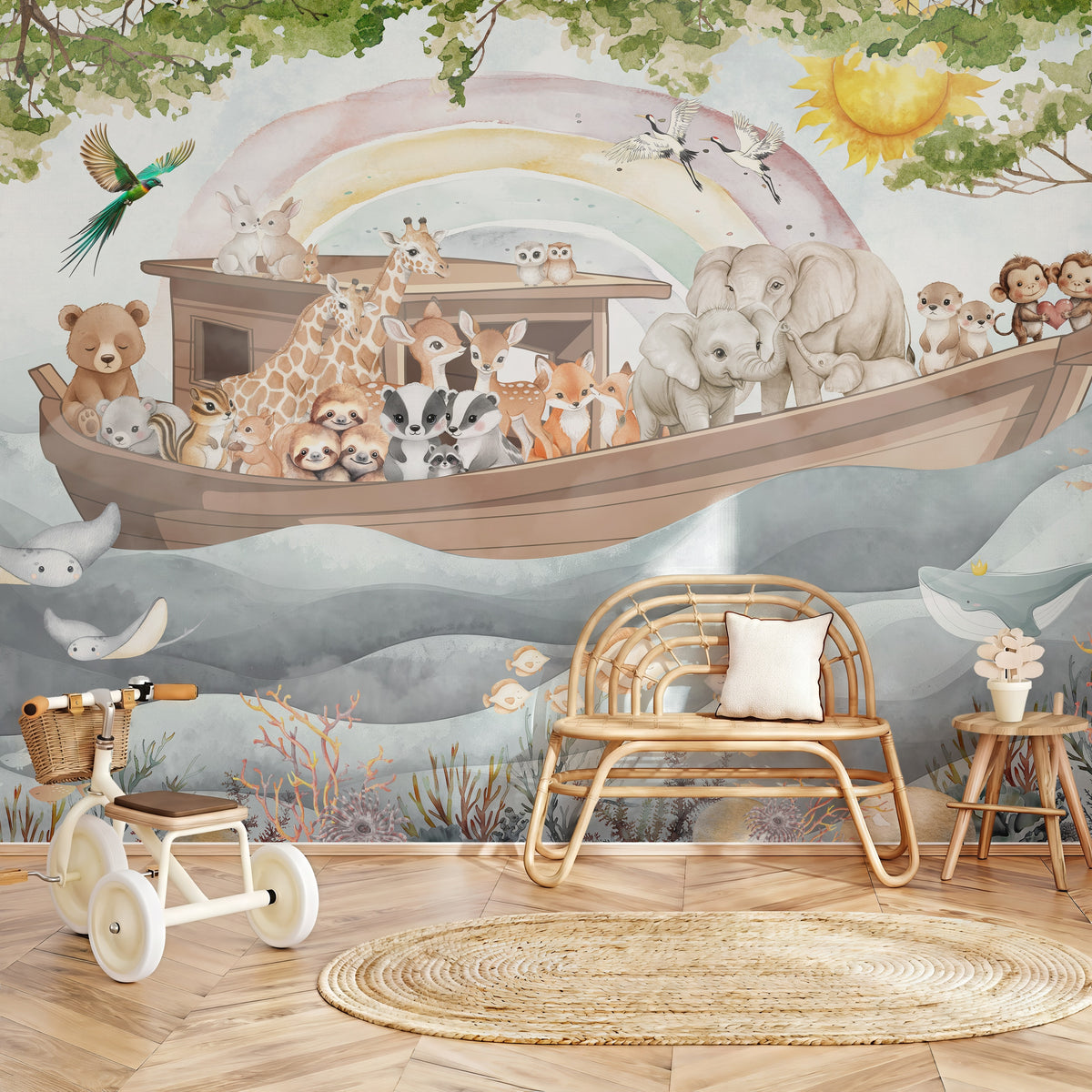 Noah's Ark & Rainbow Animals wallpaper in a styled room, view 2