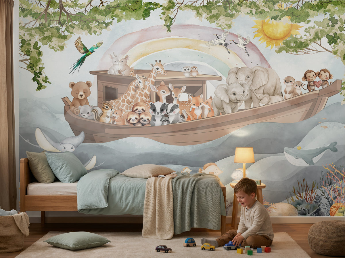 Noah's Ark & Rainbow Animals wallpaper in a styled room, view 3