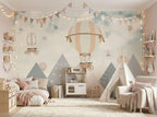 Pastel Balloons & Geometric Mountains wallpaper in a styled room, view 1