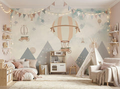Pastel Balloons & Geometric Mountains wallpaper in a styled room, view 1