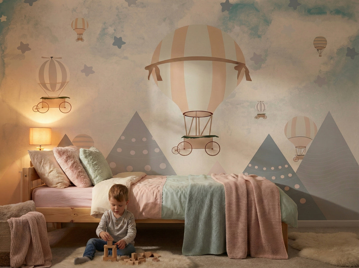 Pastel Balloons & Geometric Mountains wallpaper in a styled room, view 2