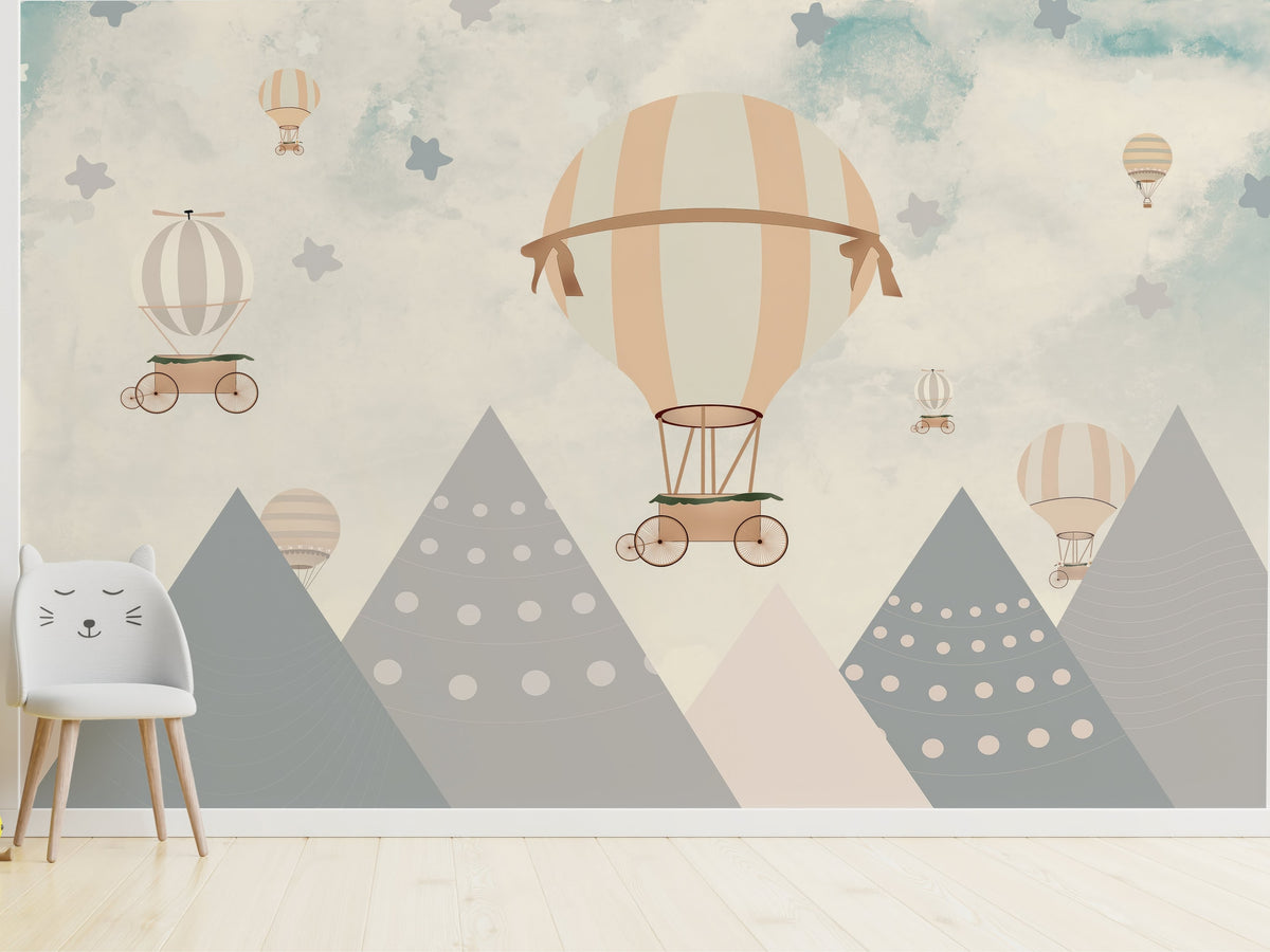 Pastel Balloons & Geometric Mountains wallpaper in a styled room, view 3