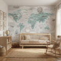 Mint World Map & Airplanes wallpaper in a styled room, view 1