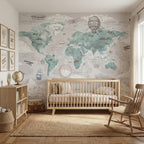 Mint World Map & Airplanes wallpaper in a styled room, view 1