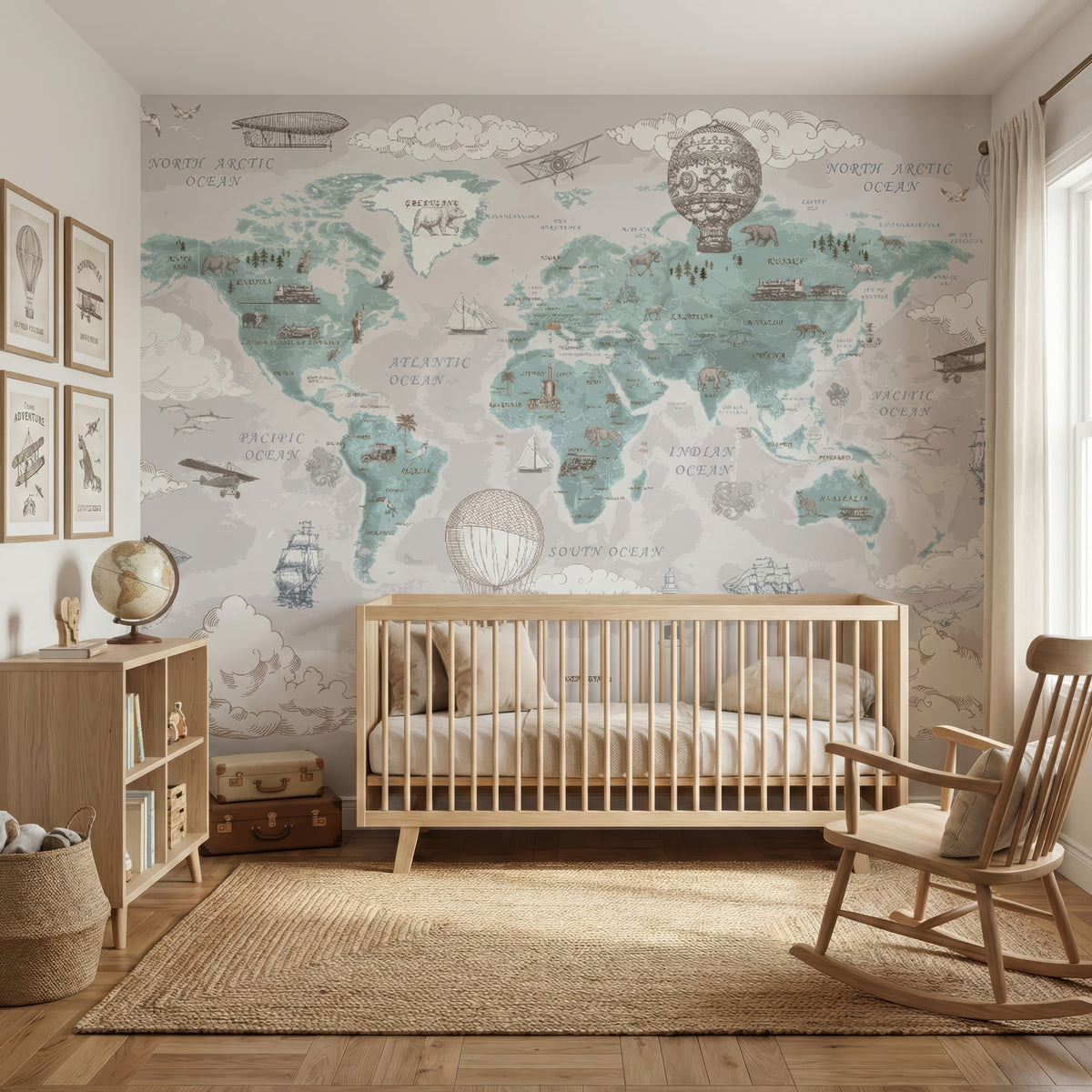 Mint World Map & Airplanes wallpaper in a styled room, view 1