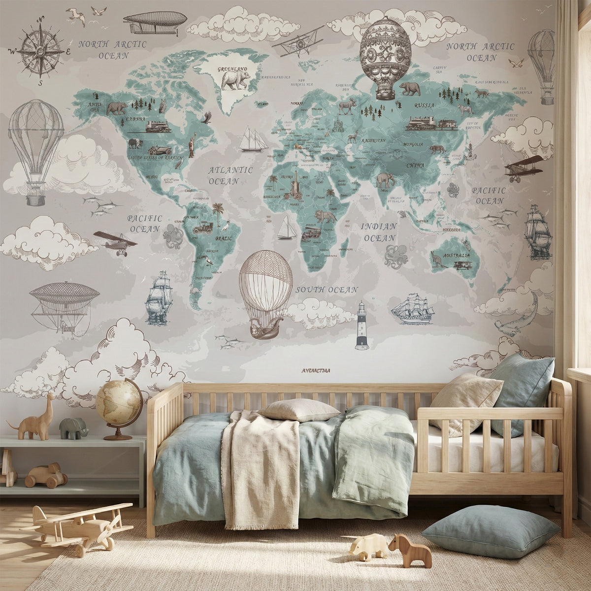 Mint World Map & Airplanes wallpaper in a styled room, view 2
