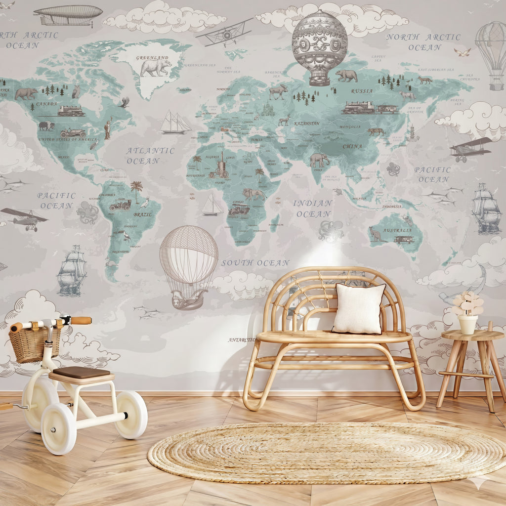 Mint World Map & Airplanes wallpaper in a styled room, view 3