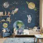 Navy Space, Astronaut & Rocket wallpaper in a styled room, view 1