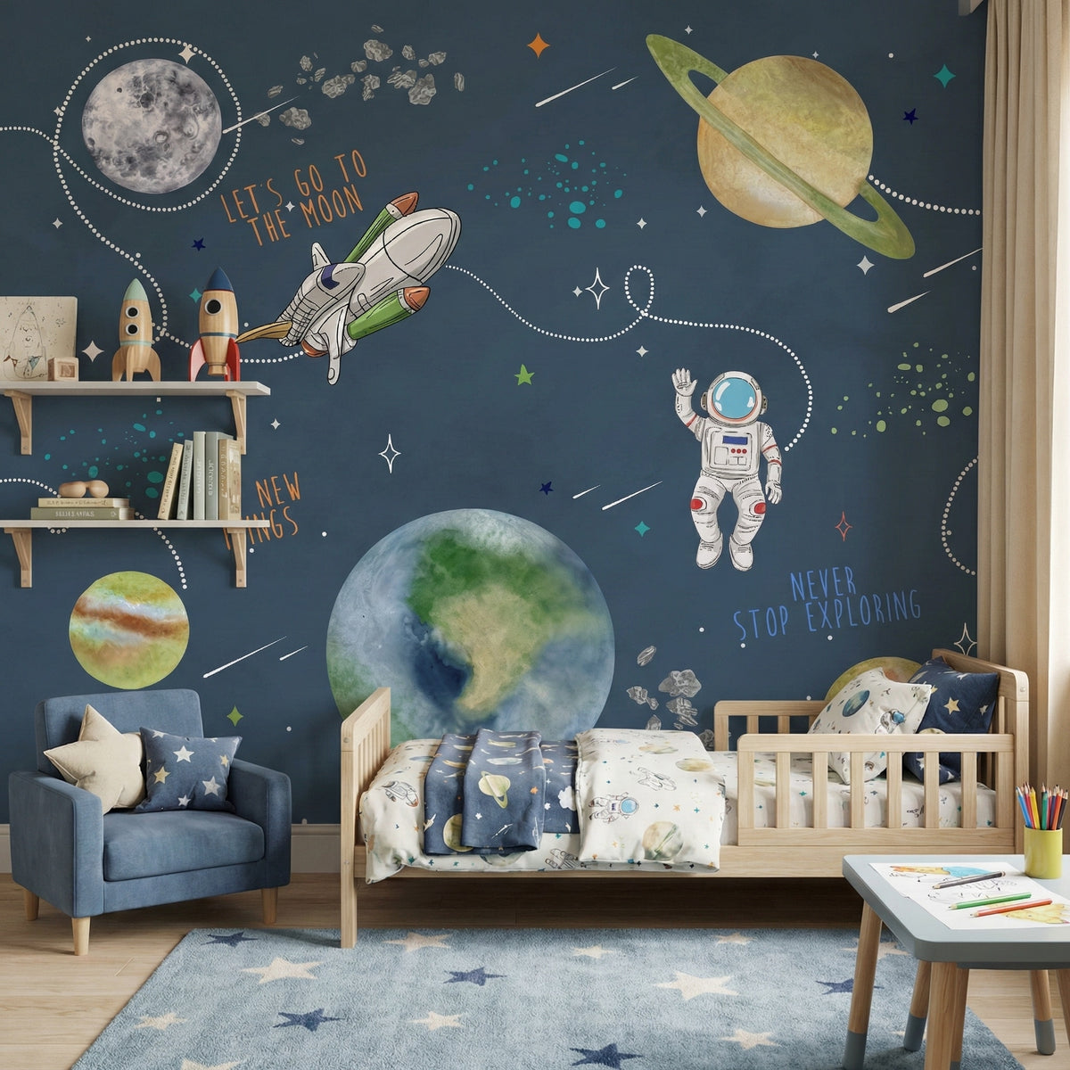 Navy Space, Astronaut & Rocket wallpaper in a styled room, view 1