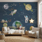 Navy Space, Astronaut & Rocket wallpaper in a styled room, view 2