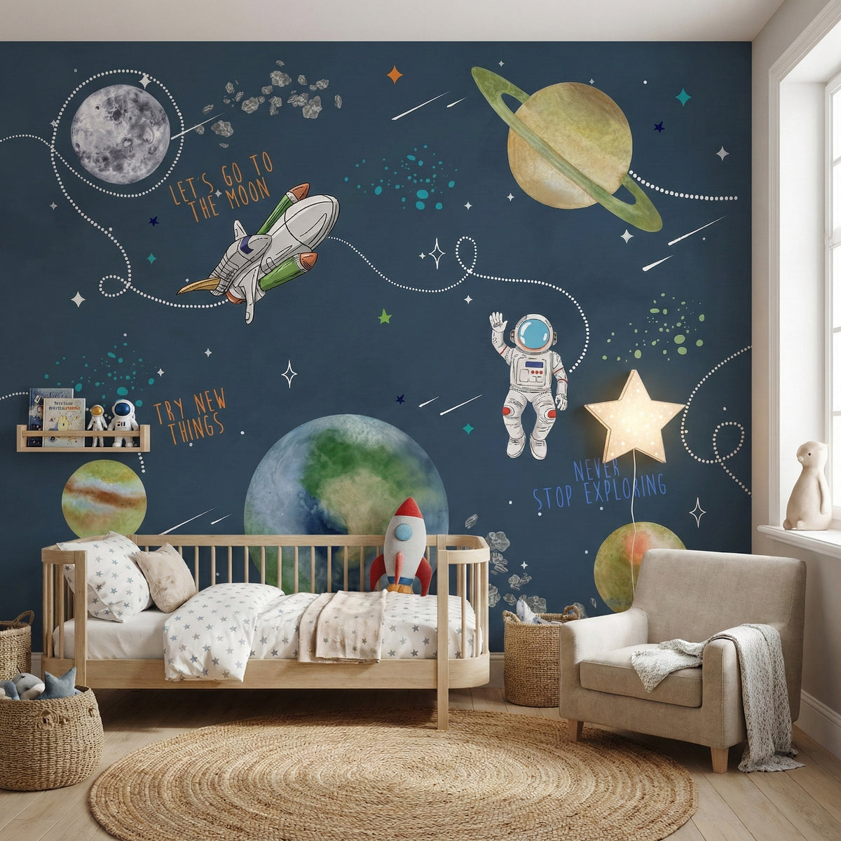 Navy Space, Astronaut & Rocket wallpaper in a styled room, view 2