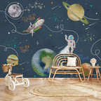 Navy Space, Astronaut & Rocket wallpaper in a styled room, view 3