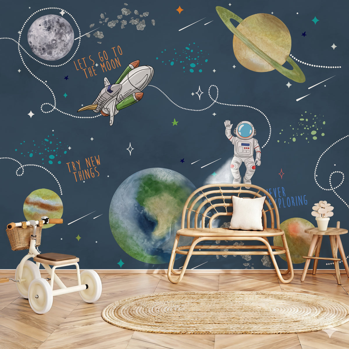 Navy Space, Astronaut & Rocket wallpaper in a styled room, view 3