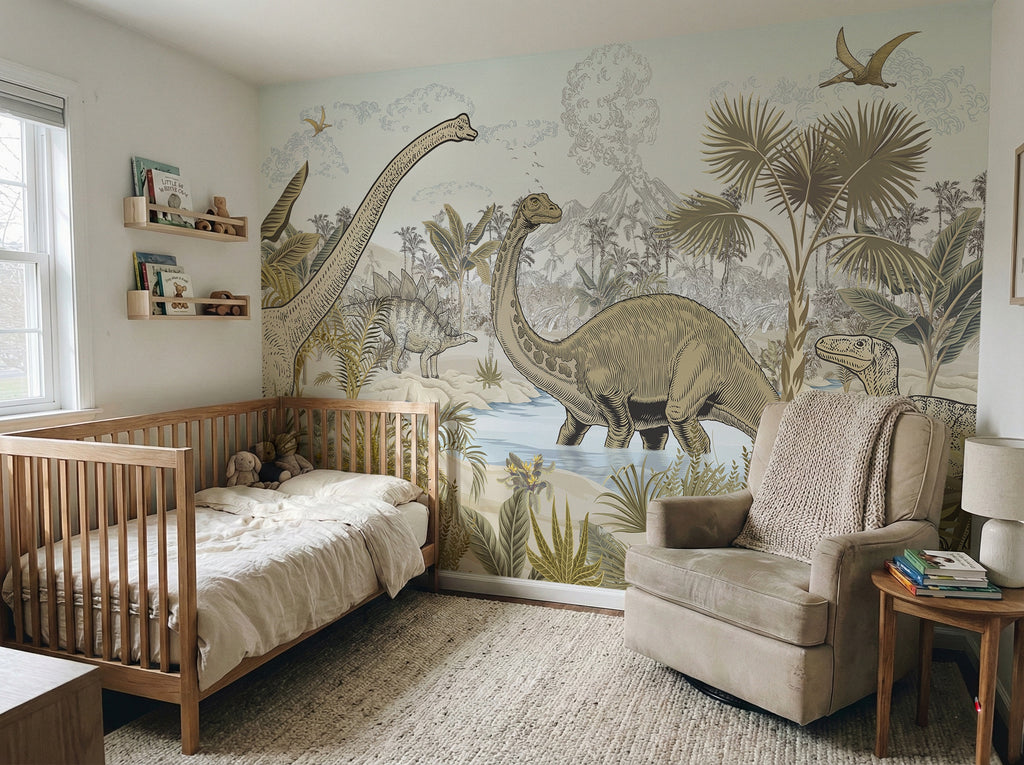 Vintage Dinosaur Jungle wallpaper in a styled room, view 1