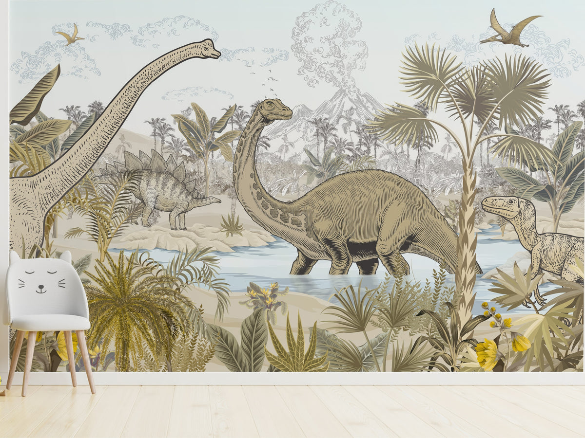 Vintage Dinosaur Jungle wallpaper in a styled room, view 2