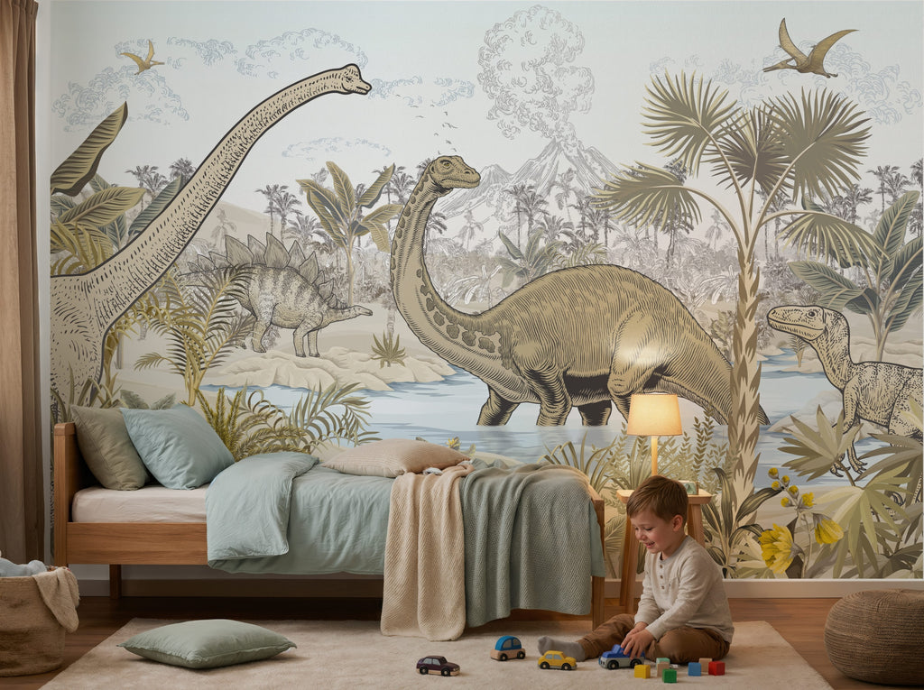 Vintage Dinosaur Jungle wallpaper in a styled room, view 3