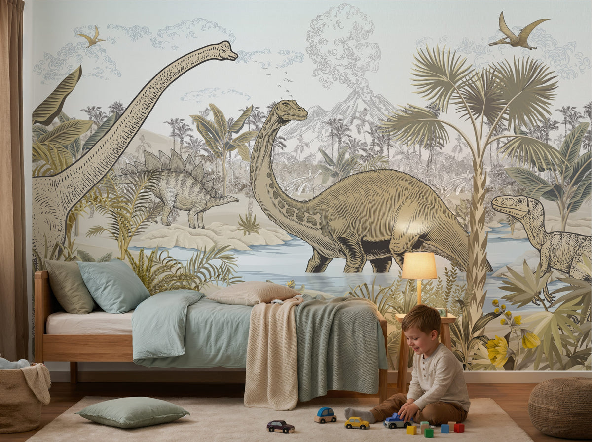Vintage Dinosaur Jungle wallpaper in a styled room, view 3