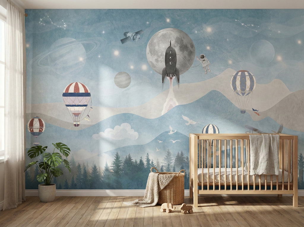 Blue Mountains, Rocket & Balloons wallpaper in a styled room, view 1