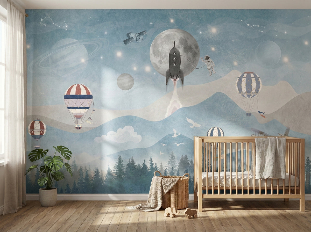 Blue Mountains, Rocket & Balloons wallpaper in a styled room, view 1